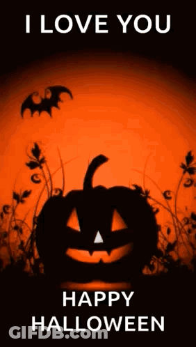 A Happy Halloween Greeting Card With A Pumpkin And Bats In The Background . GIF