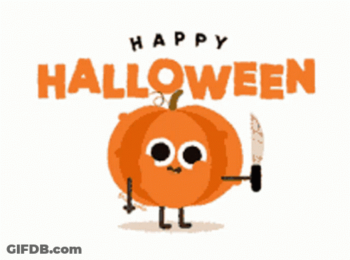 A Happy Halloween Greeting Card With A Pumpkin With A Knife In Its Hand GIF