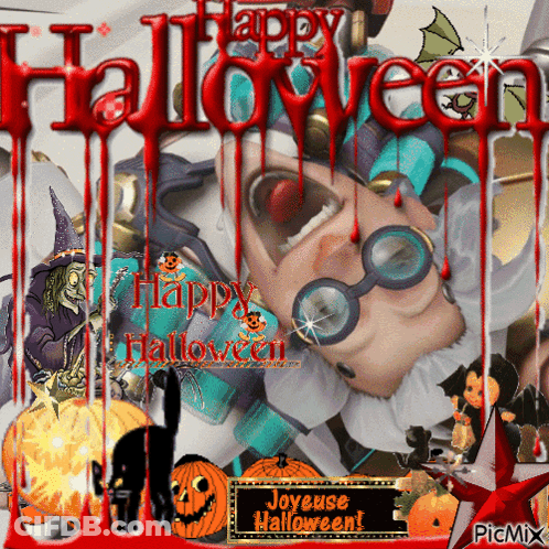 A Happy Halloween Greeting Card With A Witch And A Jester GIF