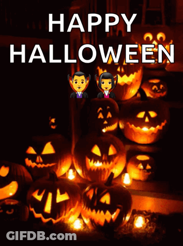 A Happy Halloween Greeting Card With Pumpkins And Vampires On It GIF