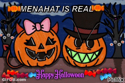 A Happy Halloween Greeting Card With Two Pumpkins And Candy GIF