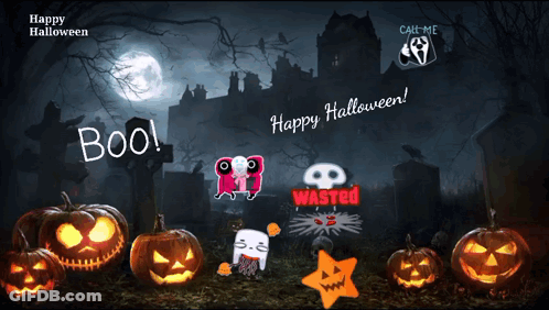 A Happy Halloween Greeting With Pumpkins And A Ghost GIF