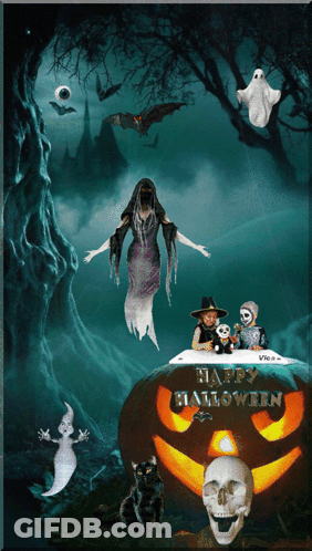 A Happy Halloween Poster With A Pumpkin And A Skull GIF
