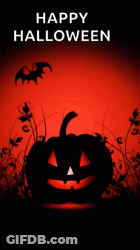 A Happy Halloween Poster With A Pumpkin And Bats In The Background GIF
