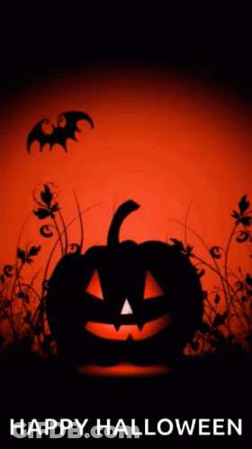 A Happy Halloween Poster With A Pumpkin And Bats On It GIF