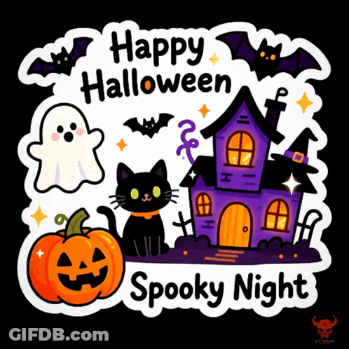 A Happy Halloween Spooky Night Sticker With A Black Cat A Ghost And A Haunted House GIF