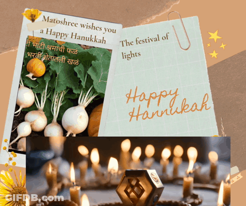 A Happy Hanukkah Greeting Card With A Picture Of Vegetables And Candles GIF