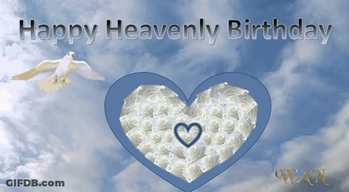 A Happy Heavenly Birthday Card With A Dove And A Heart Of Roses GIF