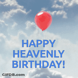 A Happy Heavenly Birthday Card With A Red Balloon Floating In The Sky GIF