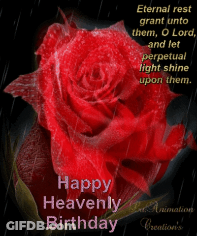 A Happy Heavenly Birthday Card With A Red Rose In The Foreground GIF