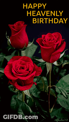 A Happy Heavenly Birthday Card With Red Roses On It GIF