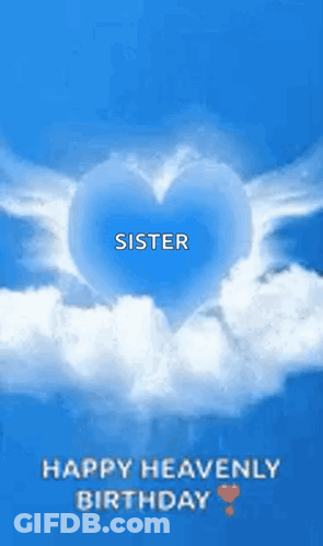 A Happy Heavenly Birthday Greeting Card With A Heart In The Clouds GIF