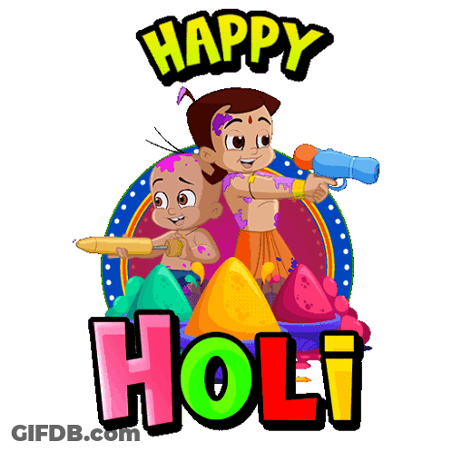 A Happy Holi Greeting Card With A Boy And A Girl Holding Water Guns GIF
