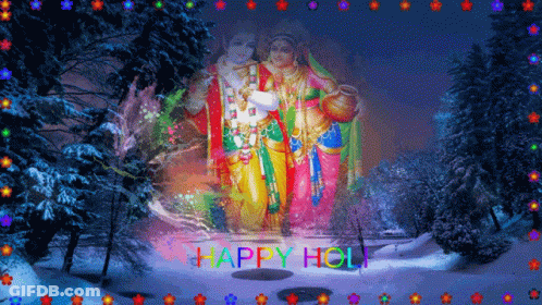 A Happy Holi Greeting Card With Krishna And Radha In The Background GIF
