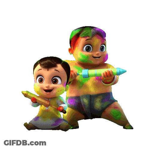 A Happy Holi Greeting Card With Two Babies Playing With Colored Powder GIF