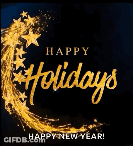 A Happy Holidays And Happy New Year Greeting Card With Gold Stars On A Black Background GIF