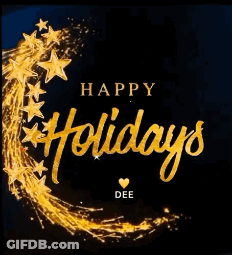 A Happy Holidays Greeting Card With Gold Stars On A Black Background GIF