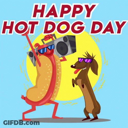 A Happy Hot Dog Day Greeting Card With A Hot Dog And A Dachshund Dancing GIF