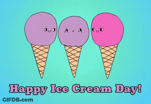 A Happy Ice Cream Day Card With Three Ice Cream Cones On A Blue Background GIF