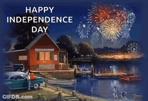 A Happy Independence Day Greeting Card With A Painting Of A Lake GIF