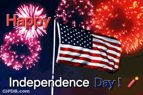 A Happy Independence Day Greeting With A Flag And Fireworks GIF