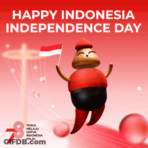 A Happy Indonesia Independence Day Poster With A Cartoon Character GIF