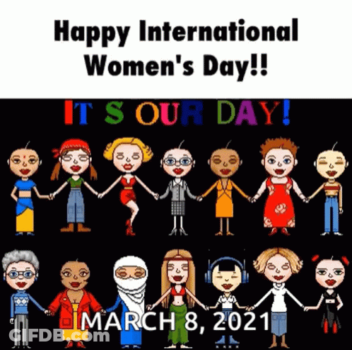 A Happy International Women 'S Day Greeting With Cartoon Characters Holding Hands GIF