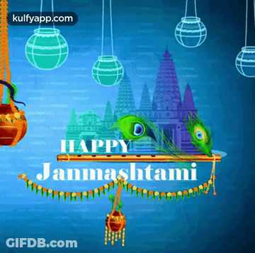 A Happy Janmashtami Greeting Card With A Peacock Feather And A Flute GIF