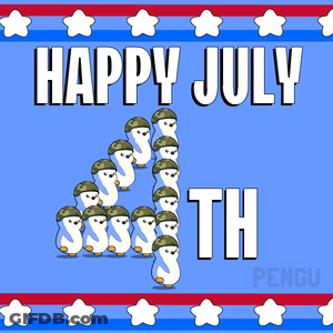 A Happy July 4Th Greeting With Penguins Wearing Military Hats GIF