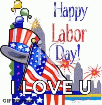A Happy Labor Day Greeting Card With An American Flag And A Top Hat GIF