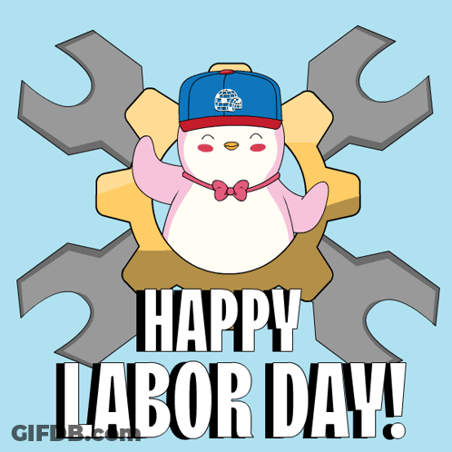 A Happy Labor Day Poster With A Penguin Wearing A Hat And A Bow Tie GIF