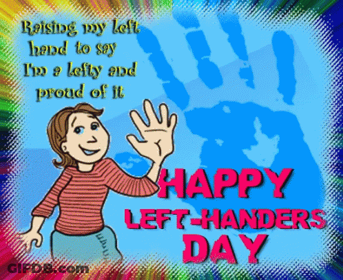 A Happy Left Handers Day Greeting Card With A Woman Waving GIF