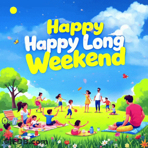 A Happy Long Weekend Greeting Card With A Family Having A Picnic In The Park GIF