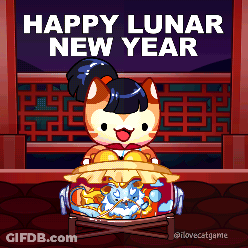 A Happy Lunar New Year Cartoon With A Cat GIF