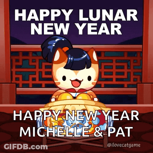 A Happy Lunar New Year Greeting Card With A Cat And A Bowl Of Food GIF