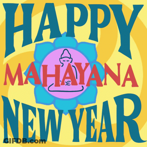 A Happy Mahayana New Year Sign With A Purple Flower GIF