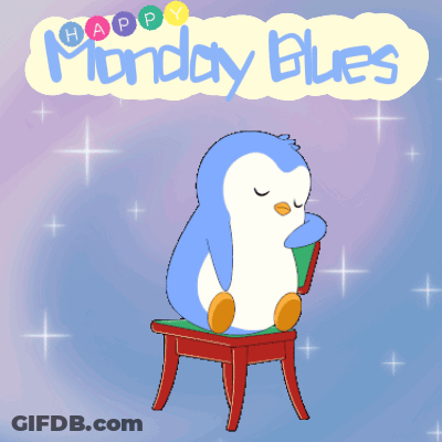 A Happy Monday Blues Poster With A Penguin Wearing A Hat GIF