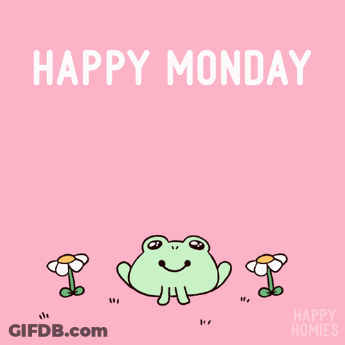 A Happy Monday Card With A Frog And Two Flowers GIF
