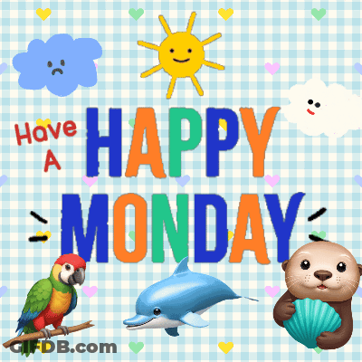 A Happy Monday Card With A Parrot Dolphin And Otter GIF