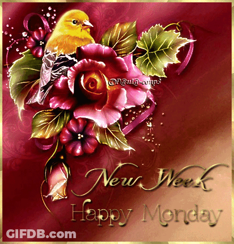 A Happy Monday Card With Flowers And A Yellow Bird GIF