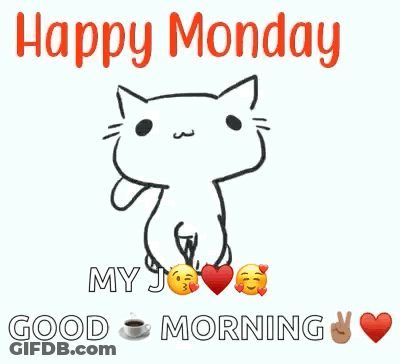 A Happy Monday Greeting Card With A Cat Dancing And A Cup Of Coffee GIF