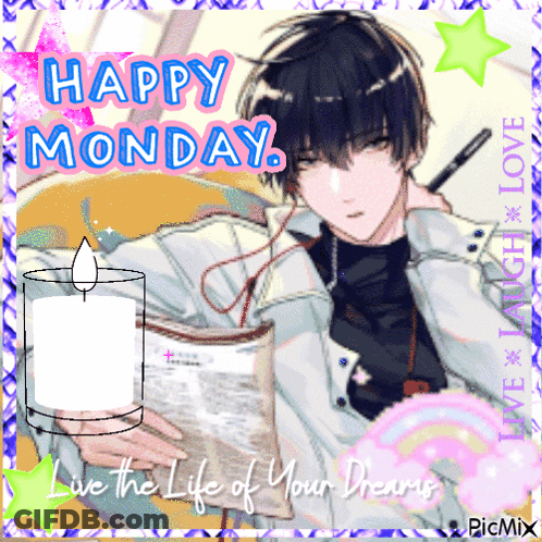 A Happy Monday Greeting Card With A Man Holding A Candle And A Newspaper GIF