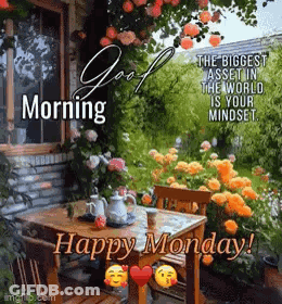 A Happy Monday Greeting Card With A Table And Chairs In A Garden . GIF