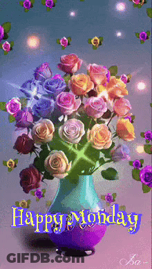 A Happy Monday Greeting Card With A Vase Of Roses GIF