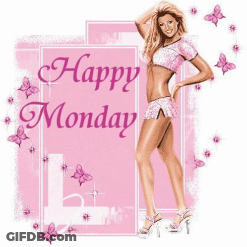 A Happy Monday Greeting Card With A Woman In Pink GIF