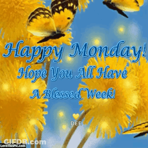 A Happy Monday Greeting Card With Butterflies And Yellow Flowers GIF