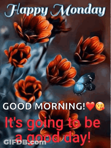 A Happy Monday Greeting Card With Flowers And A Butterfly On It . GIF