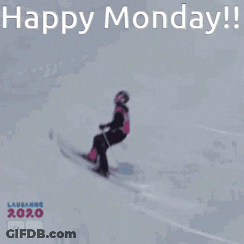 A Happy Monday Greeting With A Picture Of A Person Skiing Down A Snowy Slope GIF