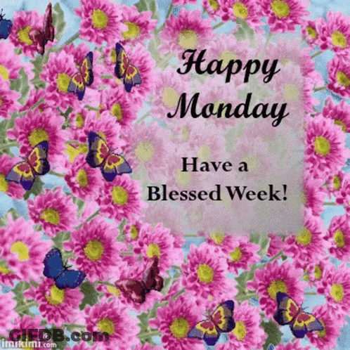 A Happy Monday Have A Blessed Week Greeting Card With Flowers And Butterflies GIF