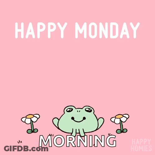 A Happy Monday Morning Greeting Card With A Frog And Two Daisies GIF